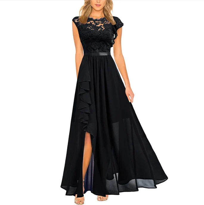 Women's Evening Dress - Lace Top - Long Flowy Skirt - High Slit Elegant Cut