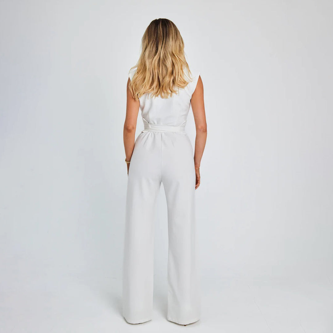 Women's Jumpsuit - Sleeveless with V-Neck - Waist Belt - Elegant Wide-Legged Pants