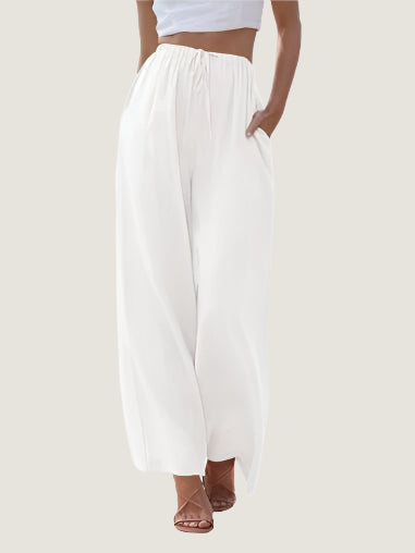Women's Trousers – Wide Fit – Linen Blend – Drawstring Closure – With Side Pockets