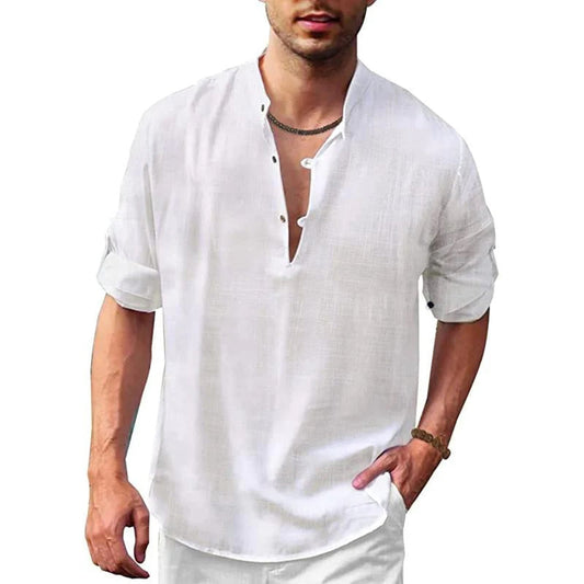 Men's Shirt - Relaxed Fit - Mandarin Collar - Long Sleeves - Light and Breathable