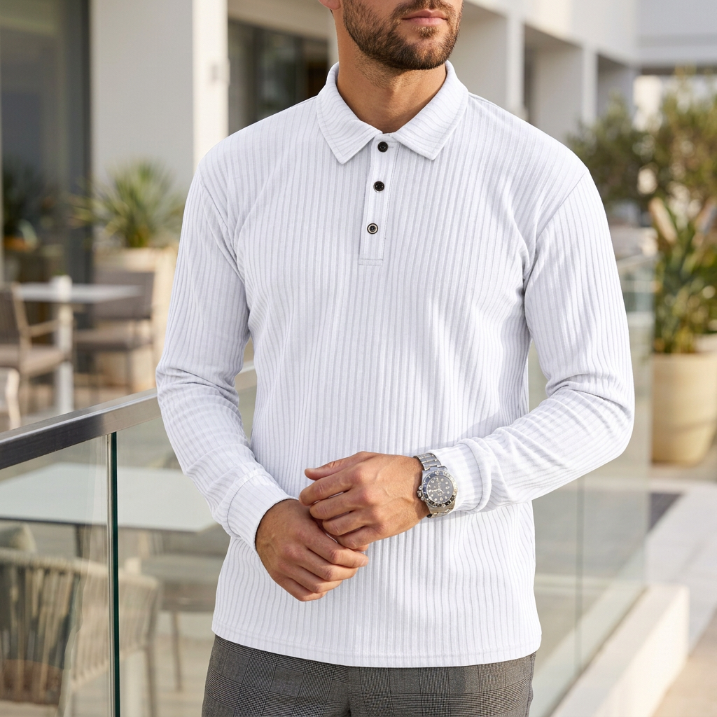 Ribbed Long Sleeve Polo Shirt for Men – Modern Everyday Comfort
