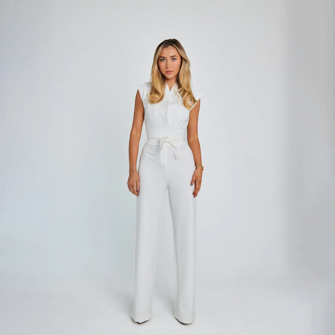 Women's Jumpsuit - Sleeveless with V-Neck - Waist Belt - Elegant Wide-Legged Pants