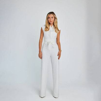 Women's Jumpsuit - Sleeveless with V-Neck - Waist Belt - Elegant Wide-Legged Pants