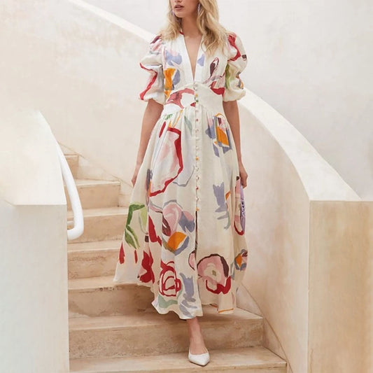Women's Midi Dress - Light and Airy - V-Neck - Button Closure - Puff Sleeves - Floral Pattern