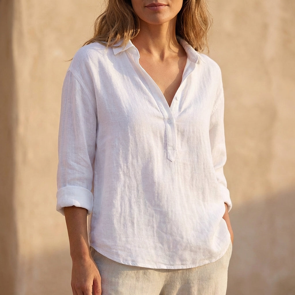 Relaxed Fit Collared Henley Neck Popover Blouse for Women – Casual Comfort & Style