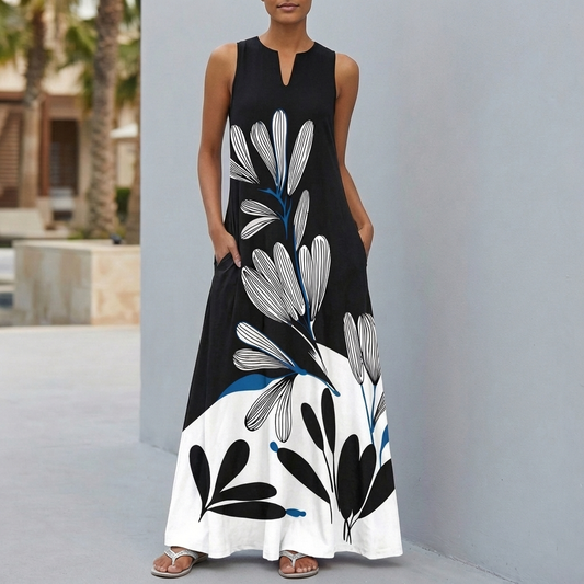 Relaxed Fit Sleeveless V-Neck Floral Maxi Dress for Women – Stylish & Comfortable Design