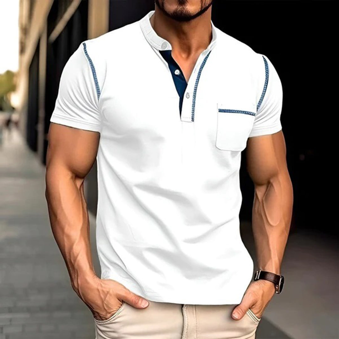 Men's Henley T-shirt - Button Closure - Chest Pocket - Short Sleeved - Slim Fit