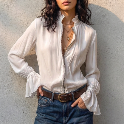 Ruffle Cuff Zip Front Blouse for Women – Effortless Sophisticated Style