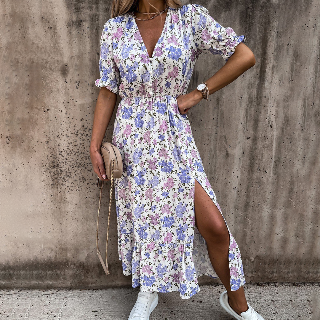 Women's Midi Dress - V-neck - Short Puff Sleeves - Fitted Waist - Floral Print - Slit