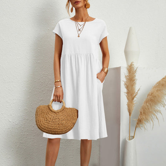 Women's Dress - Loose Fit - Round Neck - Short Sleeves - Light and Breathable
