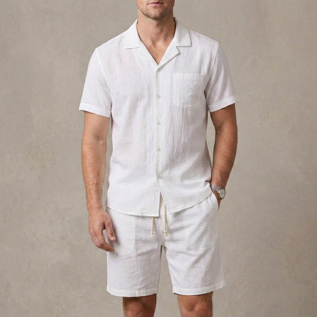 Relaxed Fit Cuban Collar Shirt and Drawstring Shorts Set for Men – Casual Comfort & Style