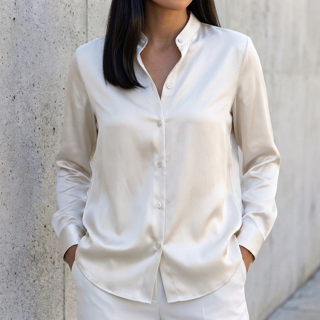 Tailored Relaxed Fit Band Collar Button-Up Shirt for Women – Timeless & Versatile
