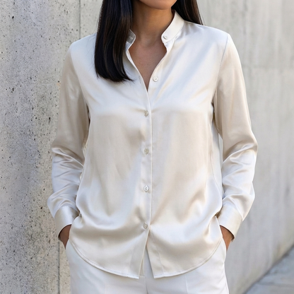 Tailored Relaxed Fit Band Collar Button-Up Shirt for Women – Timeless & Versatile
