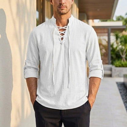 Relaxed Fit Lace-Up Stand Collar Henley Shirt for Men – Comfortable Casual Style