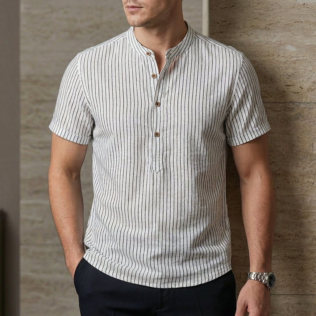 Relaxed Fit Striped Band Collar Shirt for Men – Casual Stylish Comfort