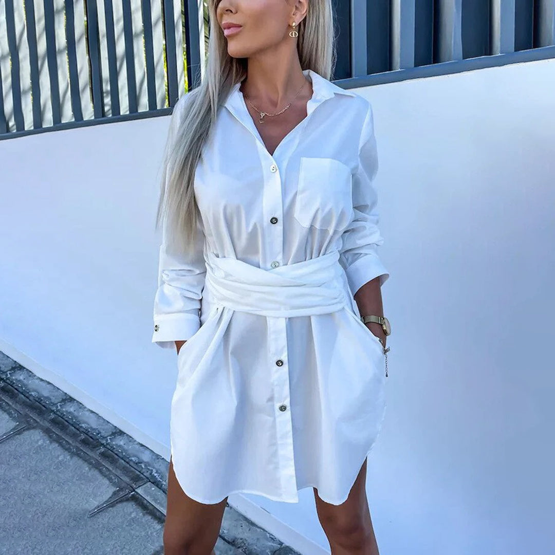 Women's Shirt Dress – Button Closure – Long Sleeved – Waist Belt – With Side Pockets