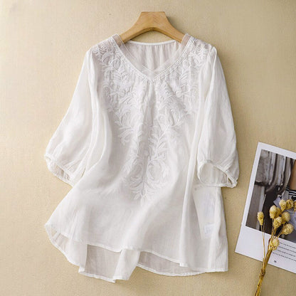 Embroidered V Neck Blouse for Women – Relaxed Bohemian Elegance