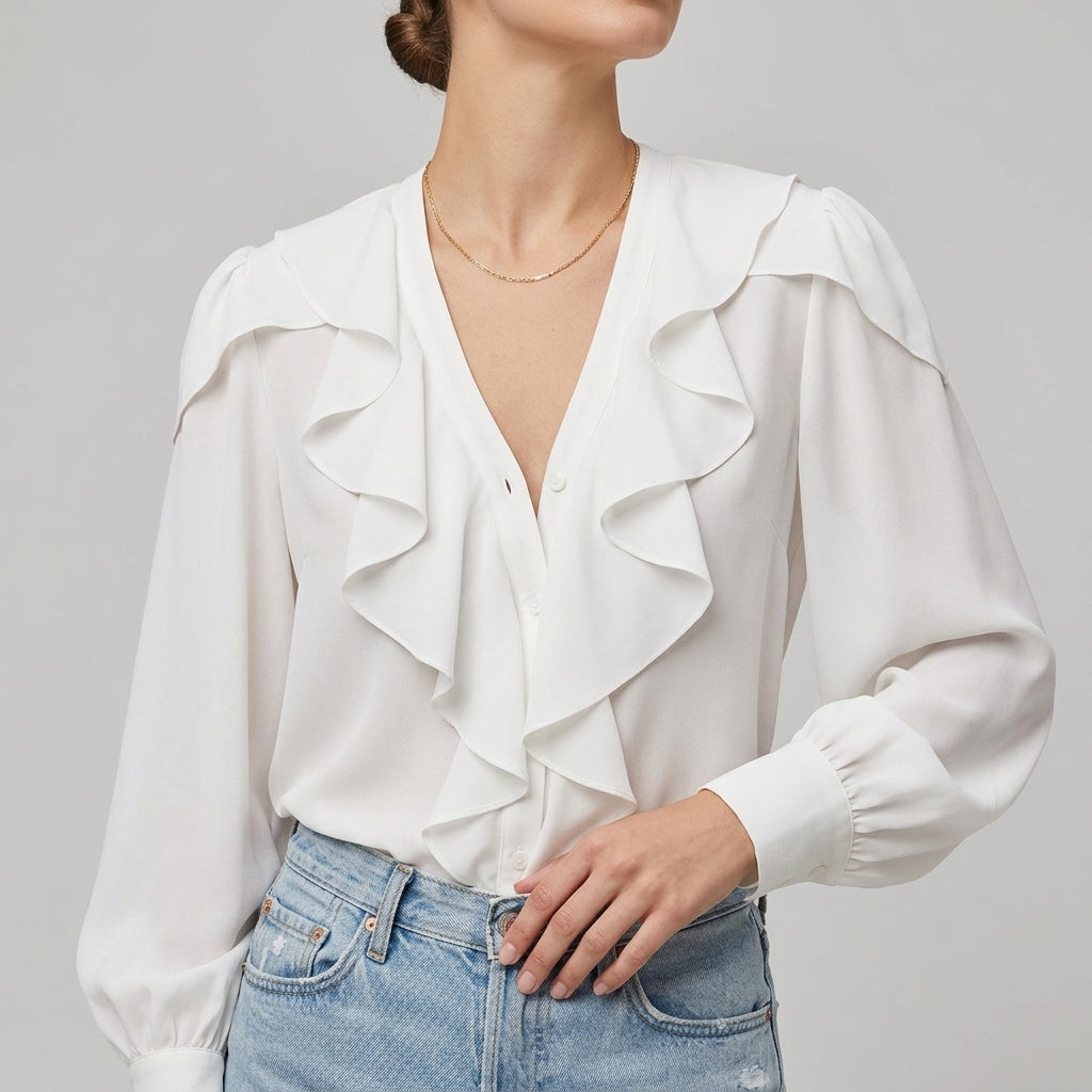 Layered Ruffle V-Neck Blouse for Women – Chic Feminine Elegance
