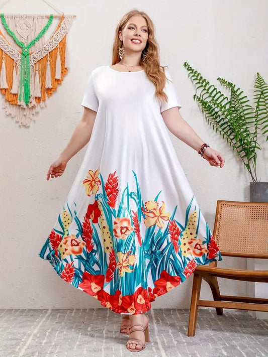 Women's Maxi Dress - Loose Fit - Round Neck - Short Sleeves - Floral Pattern
