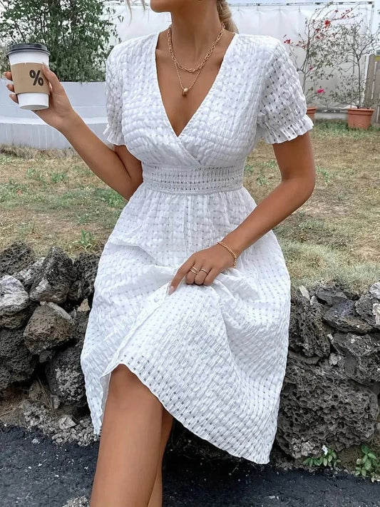 Women's Dress - V-Neck - Short Sleeves - Smocked Waist - A-Line Elegant Design