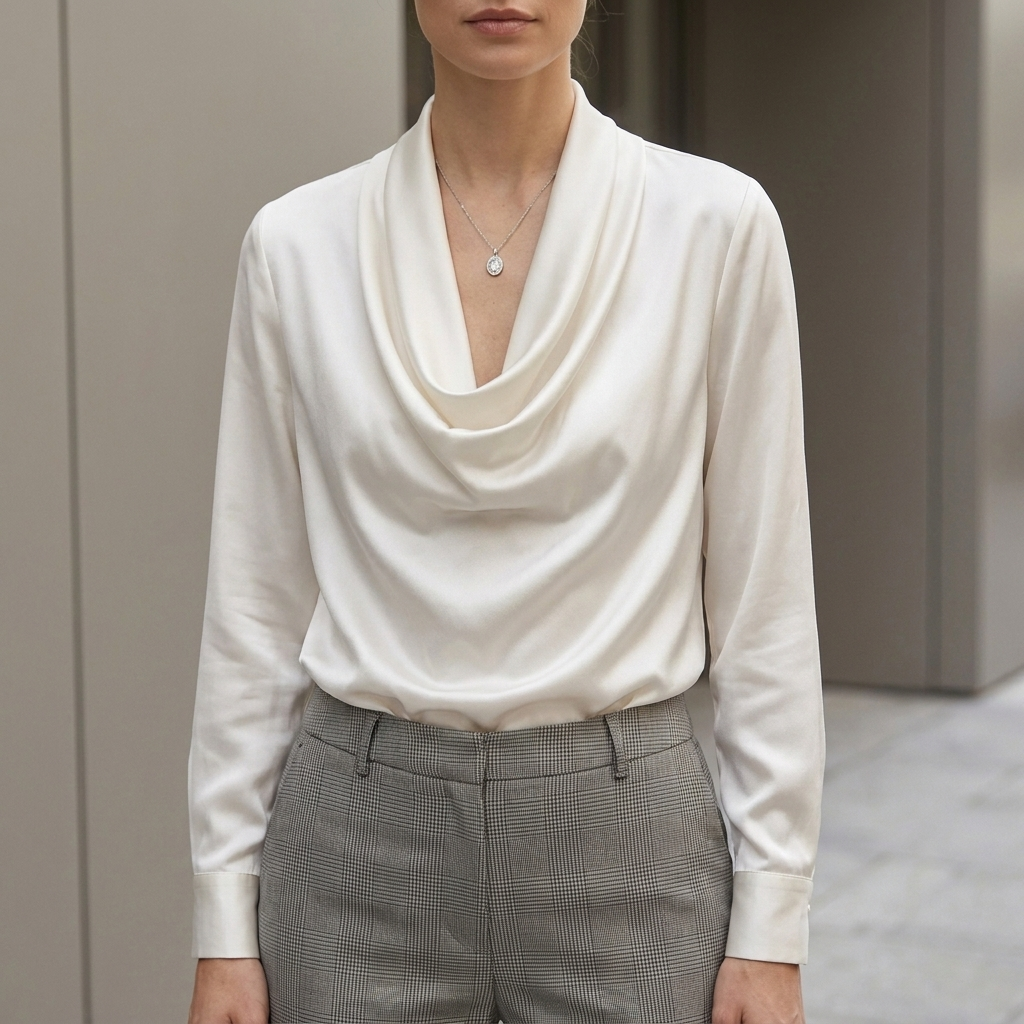 Draped Cowl Neck Button Cuff Blouse for Women – Elegant Formal Style