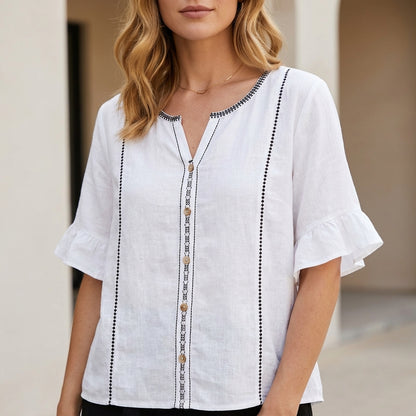 Bohemian Embroidered Flutter Sleeve Blouse for Women – Effortless Everyday Elegance