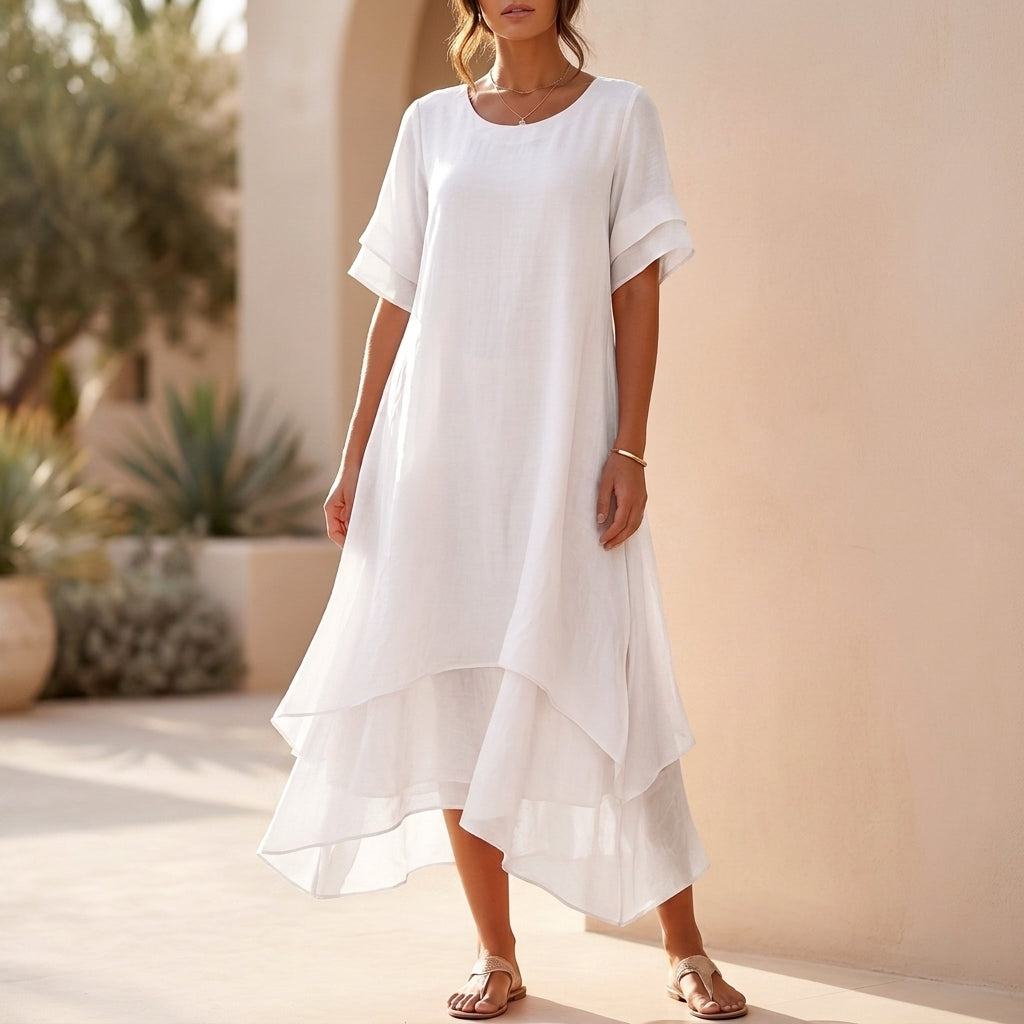 Tiered Ruffled Asymmetrical Hem Midi Dress for Women – Stylish Comfortable Everyday Wear