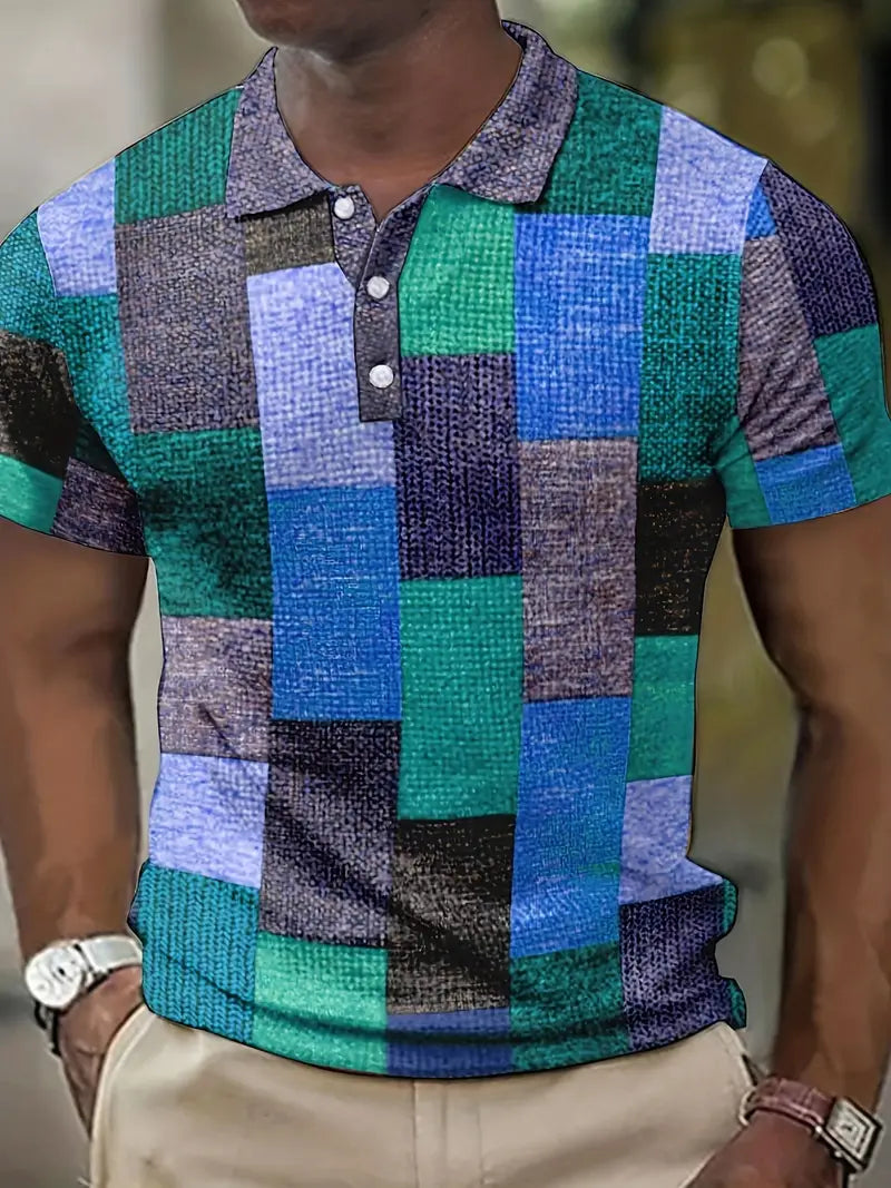 Men's Polo Shirt - Patchwork Design - Button Closure - Short-Sleeved - Breathable and Casual