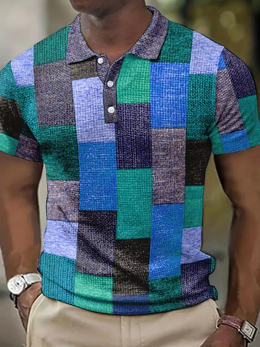 Men's Polo Shirt - Patchwork Design - Button Closure - Short-Sleeved - Breathable and Casual