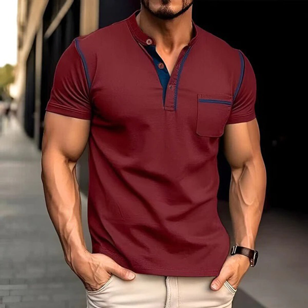 Men's Henley T-shirt - Button Closure - Chest Pocket - Short Sleeved - Slim Fit