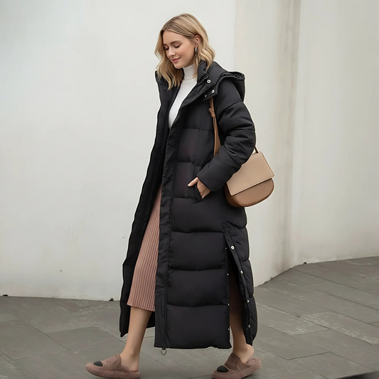 Women's Long Down Jacket - Quilted Puffer Design - High Collar - Warm and Stylish