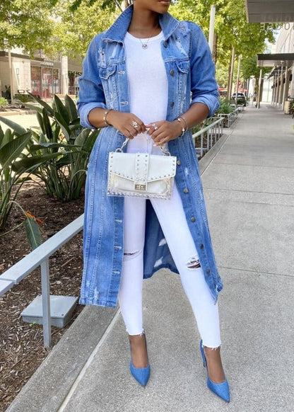 Women's Jacket – Oversized Fit – Denim Look – Button Closure – Mid-Length Casual Style