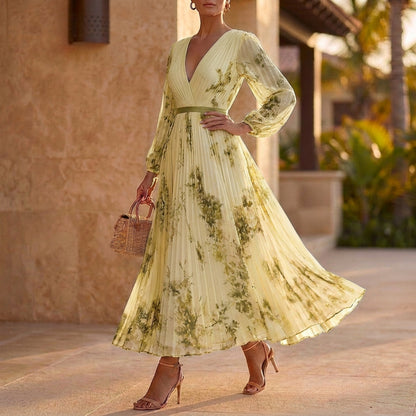 Pleated Belted A-Line Maxi Dress for Women – Elegant Floral Style