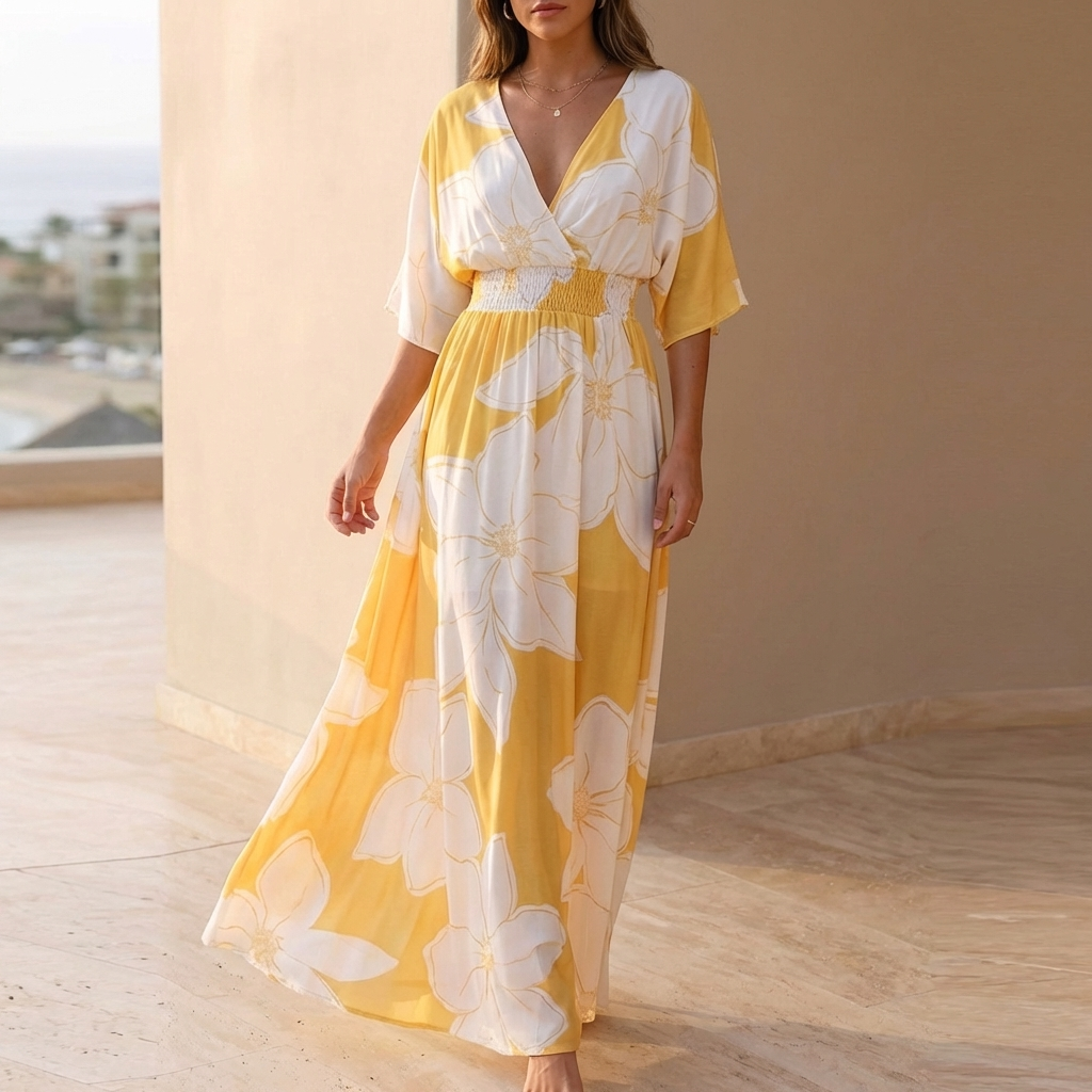 Floral Smocked Waist Wrap Front Midi Dress for Women – Elegant Casual Comfort