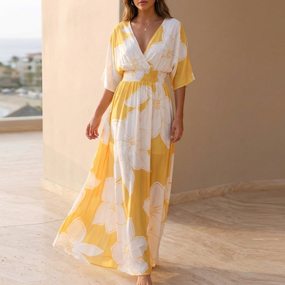 Floral Smocked Waist Wrap Front Midi Dress for Women – Elegant Casual Comfort