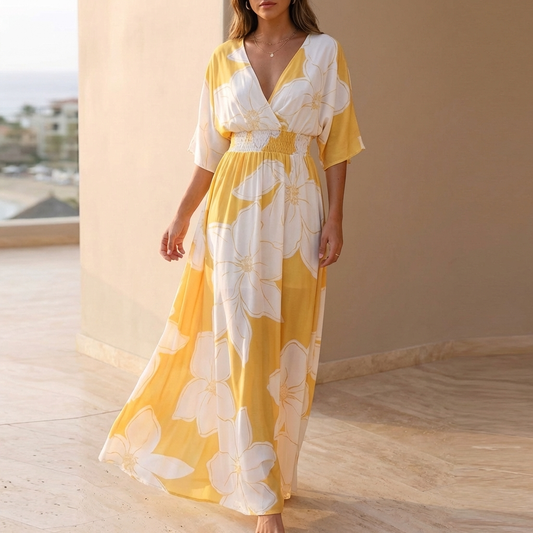 Floral Smocked Waist Wrap Front Midi Dress for Women – Elegant Casual Comfort