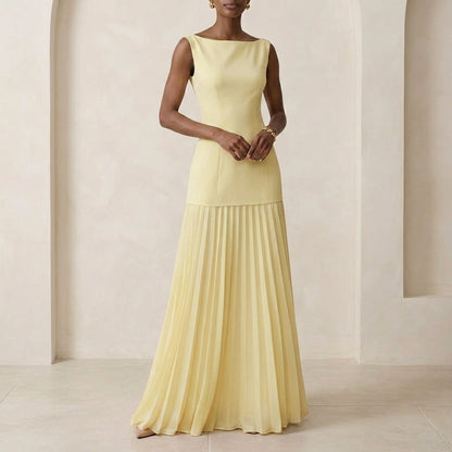 Pleated Fitted Bodice A-Line Maxi Dress for Women – Elegant & Flattering Fit