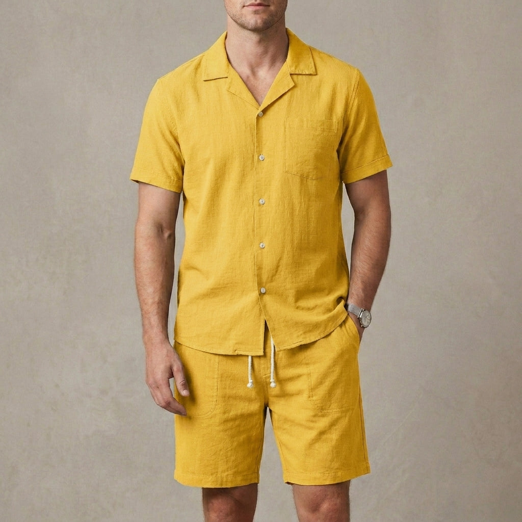 Relaxed Fit Cuban Collar Shirt and Drawstring Shorts Set for Men – Casual Comfort & Style