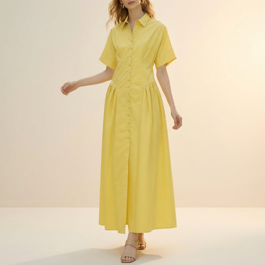 Fit and Flare Pleated Midi Shirt Dress for Women – Elegant Defined Waist