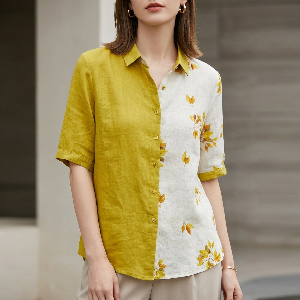 Two-Tone Leaf Print Relaxed Fit Blouse for Women – Stylish & Breathable Comfort