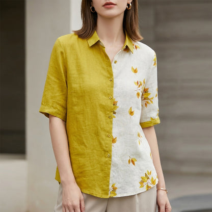 Two-Tone Leaf Print Relaxed Fit Blouse for Women – Stylish & Breathable Comfort