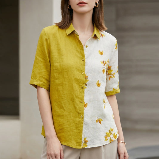 Two-Tone Leaf Print Relaxed Fit Blouse for Women – Stylish & Breathable Comfort