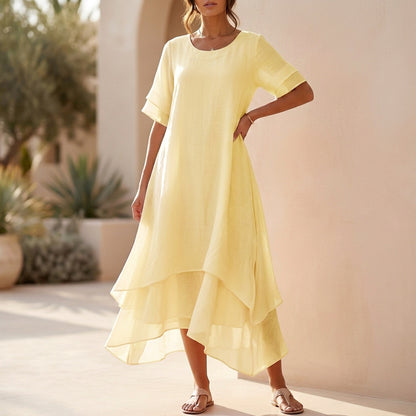 Tiered Ruffled Asymmetrical Hem Midi Dress for Women – Stylish Comfortable Everyday Wear
