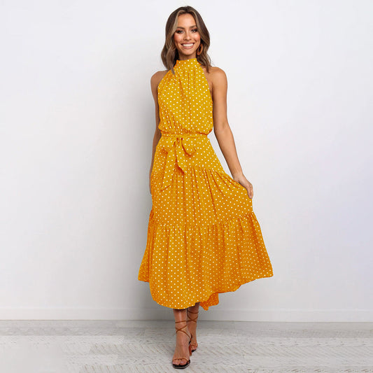 Women's Midi Dress - Sleeveless Halterneck - Waistband & Polka Dot Pattern - Loose Fit