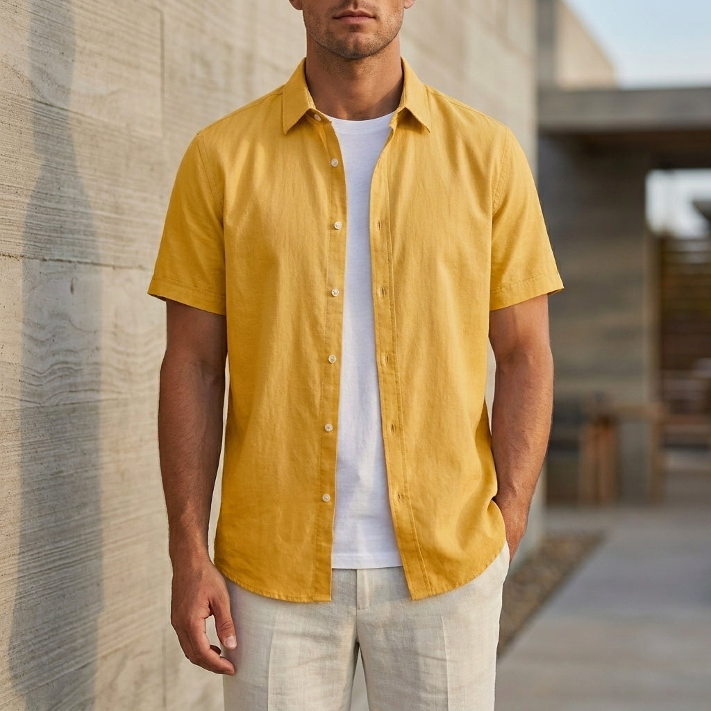 Relaxed Fit Collared Short Sleeve Button-Up Shirt for Men – Casual Comfort & Style