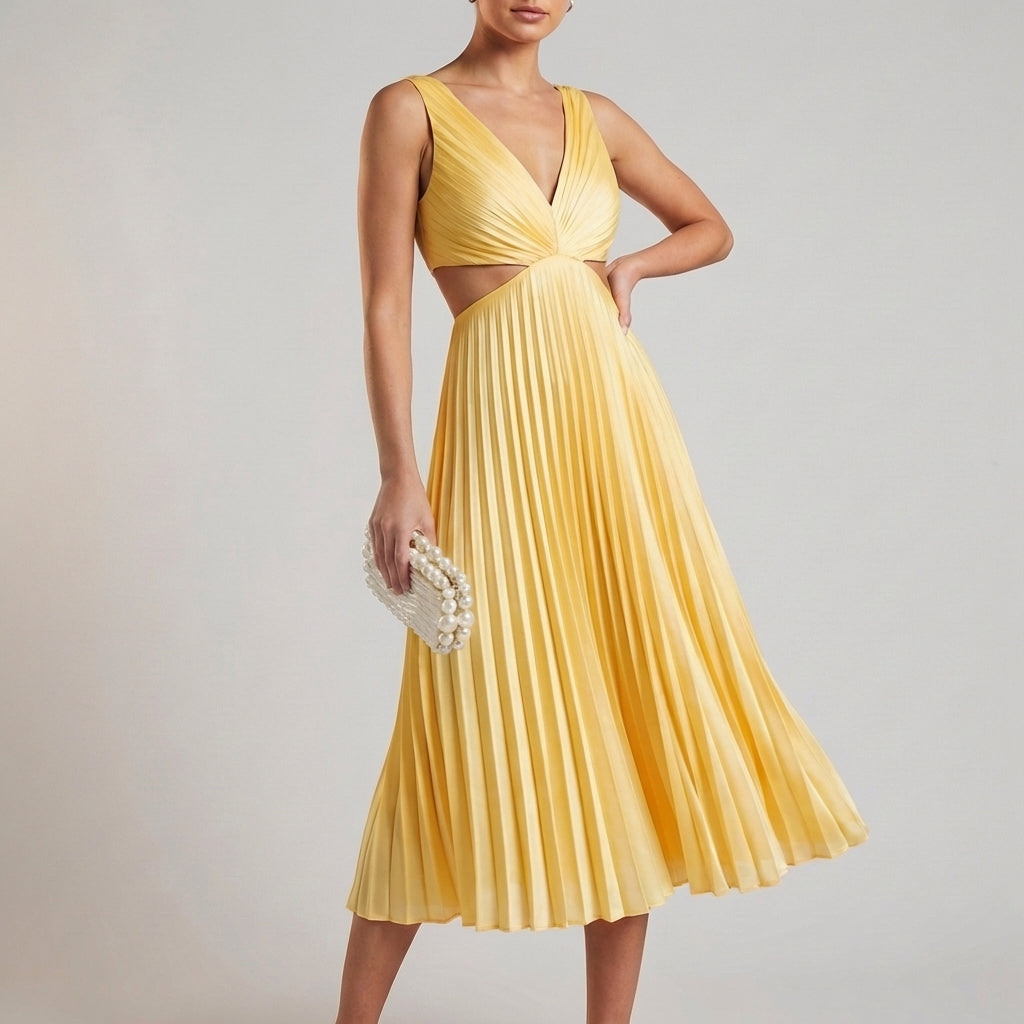 Pleated Cutout Midi Dress for Women – Graceful Elegance & Flowing Style