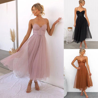 Women's Midi Dress - Satin Corset - Layered Tulle Skirt - Elegant Party Dress