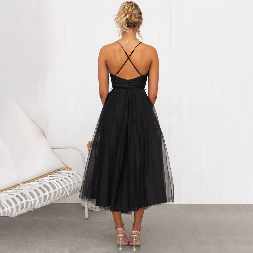 Women's Midi Dress - Satin Corset - Layered Tulle Skirt - Elegant Party Dress