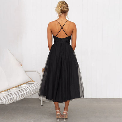 Women's Midi Dress - Satin Corset - Layered Tulle Skirt - Elegant Party Dress