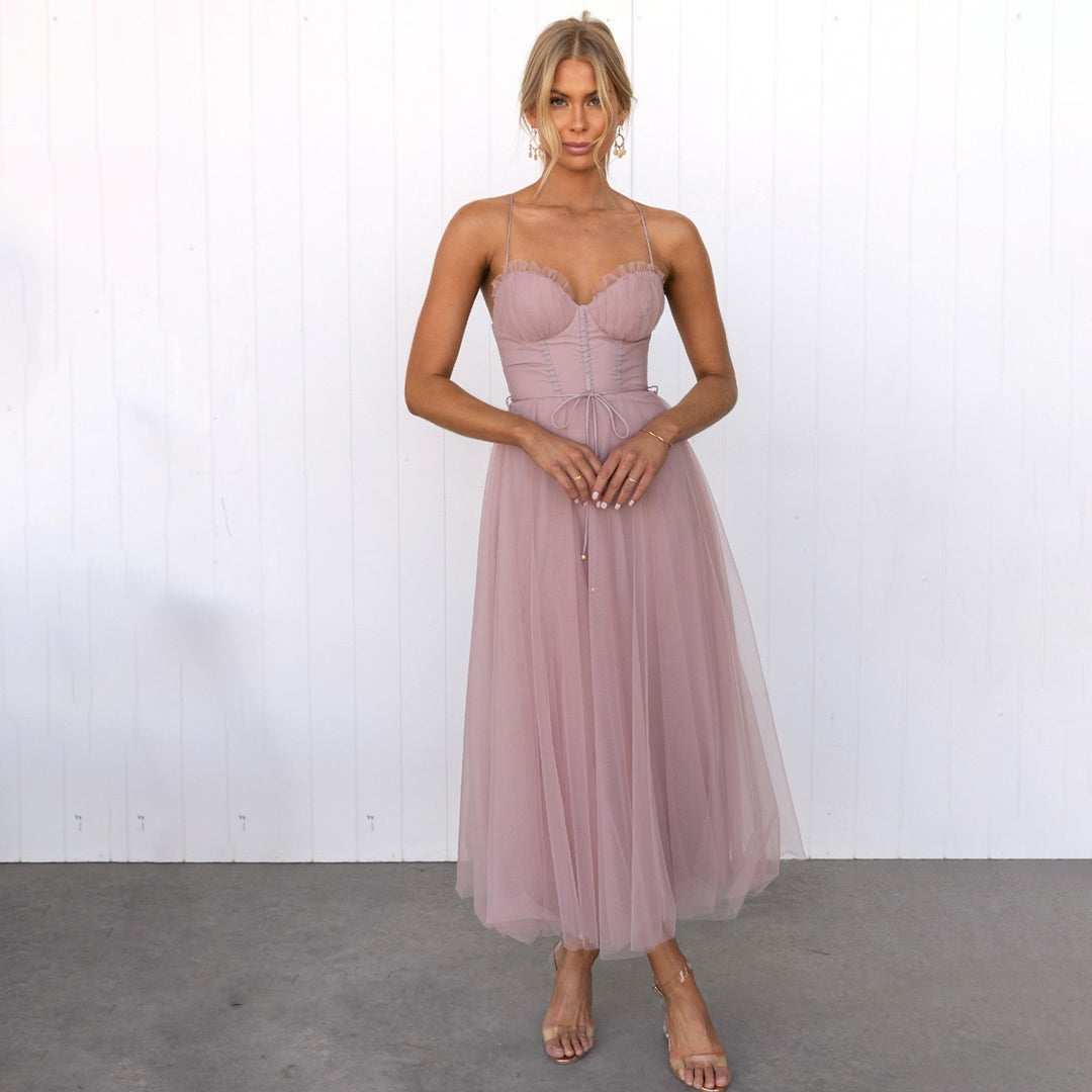 Women's Midi Dress - Satin Corset - Layered Tulle Skirt - Elegant Party Dress